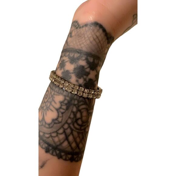 Rhinestone Stretch Cuff Bracelet Gemstones Silver Tone Bling Glam - Picture 6 of 10